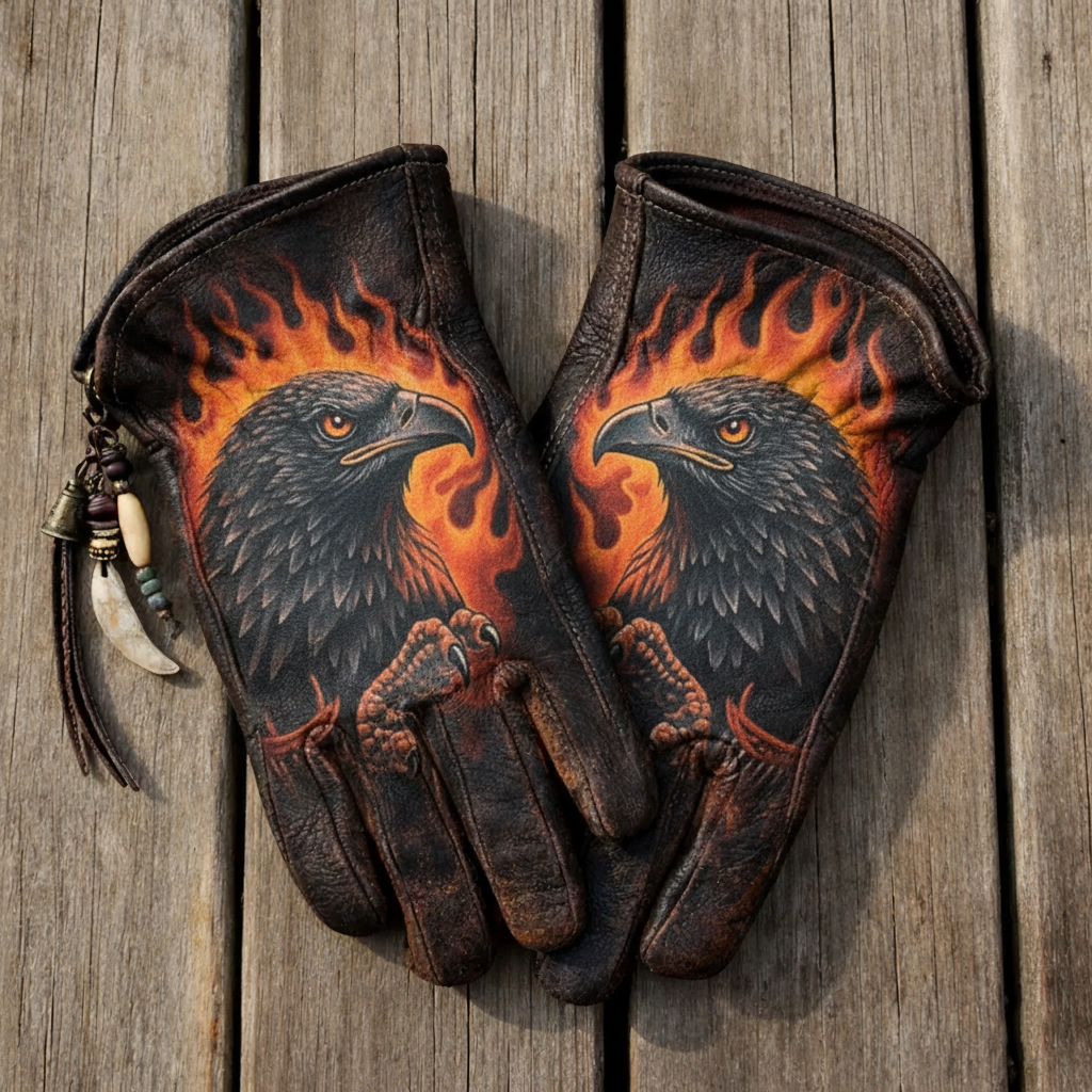 Print Vintage Leather Work Gloves.
