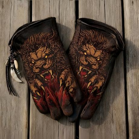 Print Vintage Leather Work Gloves.