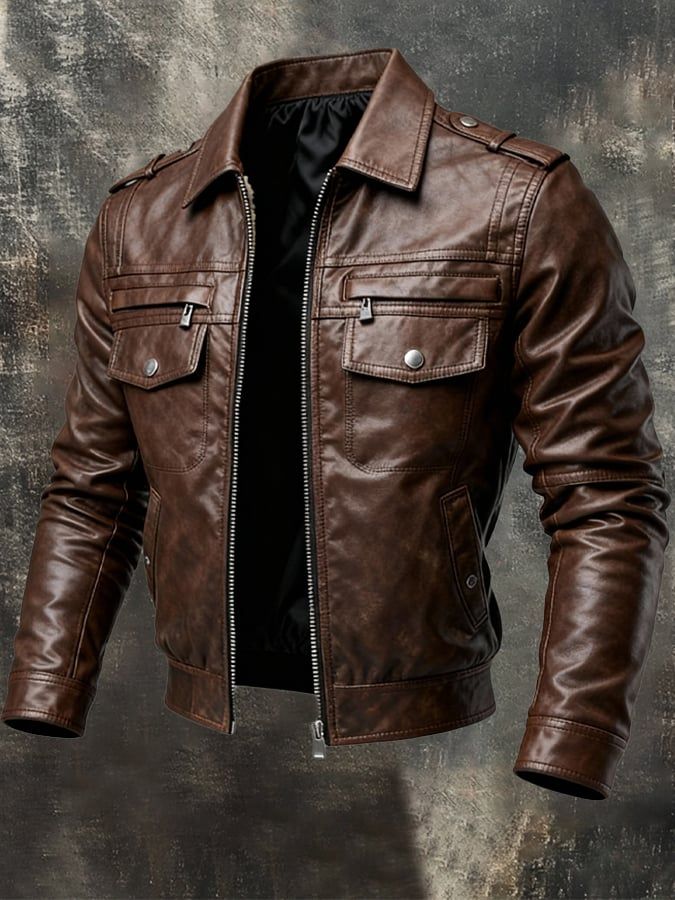 Men's Retro Motorcycle Washed Leather Stand-Up Collar Jacket