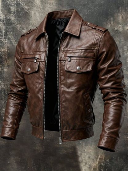 Men's Retro Motorcycle Washed Leather Stand-Up Collar Jacket