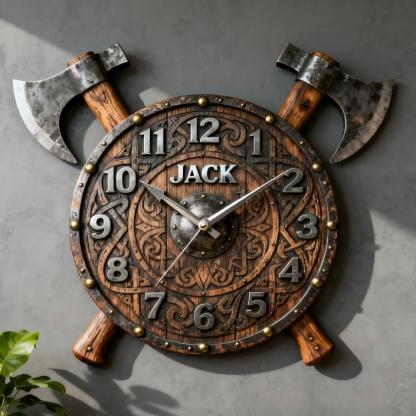 Personalized Viking Warrior Shieldand Axe Themed Clock