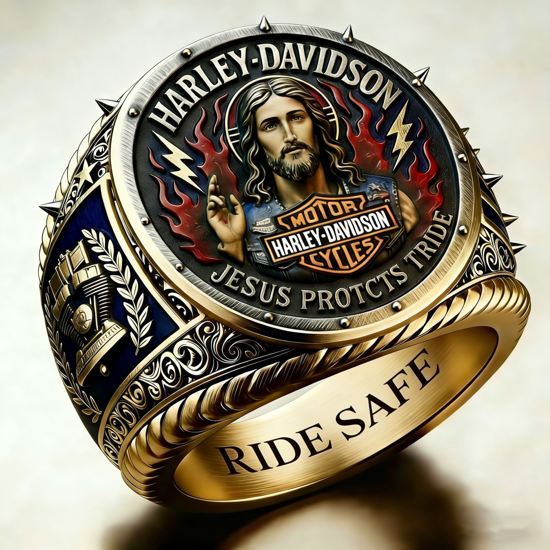 Jesus Protects My Ride Harley Rider Ring