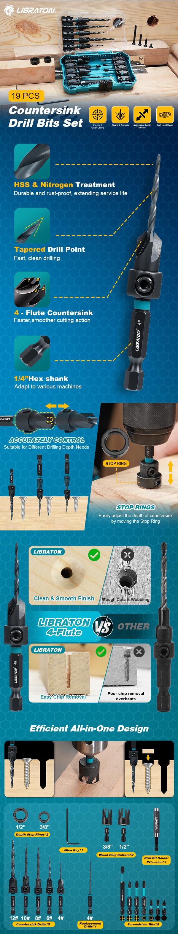 Libraton Countersink Drill Bit Set, 19 Pcs Tapered Drill Bits for Woodworking, Counter Sink Drill Bit Wood Plug Cutter Extendable Bit Holder 1/4" Hex Shank Screwdriver Bits with Storage Case
