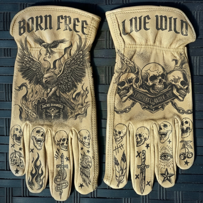 Freedom Spirit Eagle Tattoo Print Vintage Leather Work Gloves