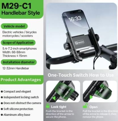KEWIG M29  Bike Phone Mount, Aluminum Anti-Theft Handlebar Cell Phone Holder, 360° Rotation, One-Hand Quick Lock/Release for 5.2-7.2" iPhone & Android, Fits Bicycle, Scooter.phone holder for car car phone mount Motorcycle Accessories Motorcycle Stand