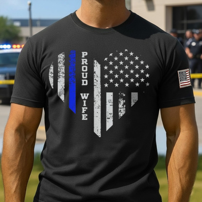 Thin Blue Line Heart T Shirt Wife of Police Proud USA T Shirt