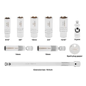 CASOMAN 10PCS 3/8"Drive Magnetic Spark Plug Socket Set, 6PT&12PT, Include Extension Bar, Universal Joint & Spark Plug Gapper, CR-V Steel CASOMAN 10PCS 3/8"Drive Magnetic Spark Plug Socket Set, 6PT&12PT, Include Extension Bar, Universal Joint & Spark Plug Gapper, CR-V Steel