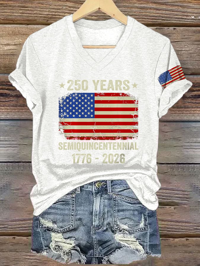 V-Neck Retro 250 Years Semiquincentennial 1776 - 2026 Print T-Shirt