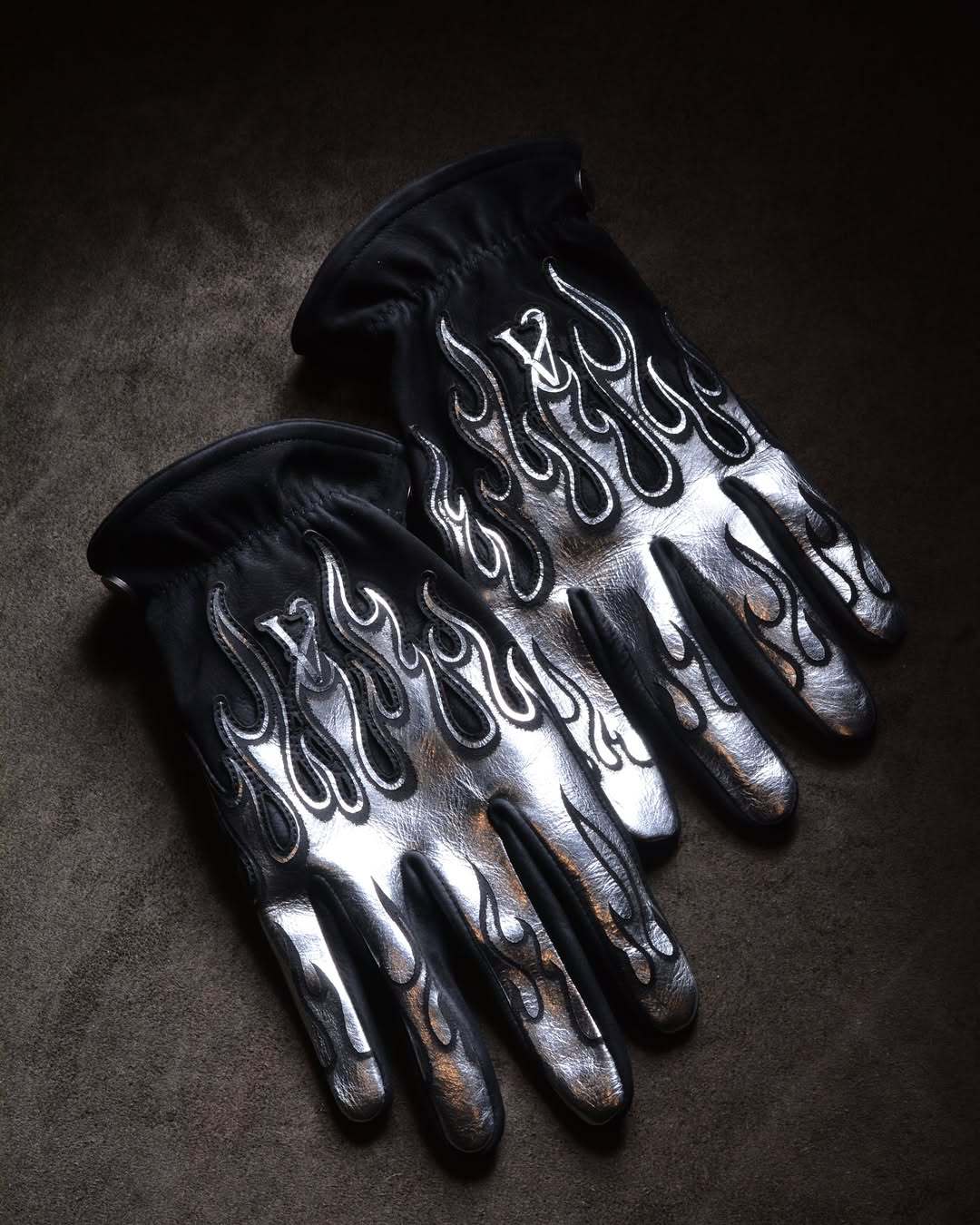 Futuristic Techwear Metallic Silver Flame Embroidered Cowhide Leather Gloves