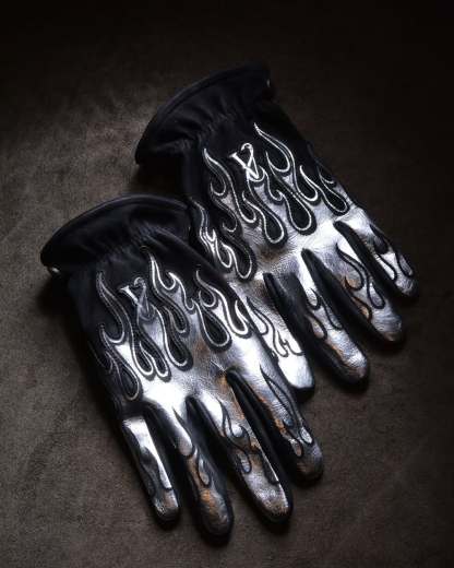 Futuristic Techwear Metallic Silver Flame Embroidered Cowhide Leather Gloves