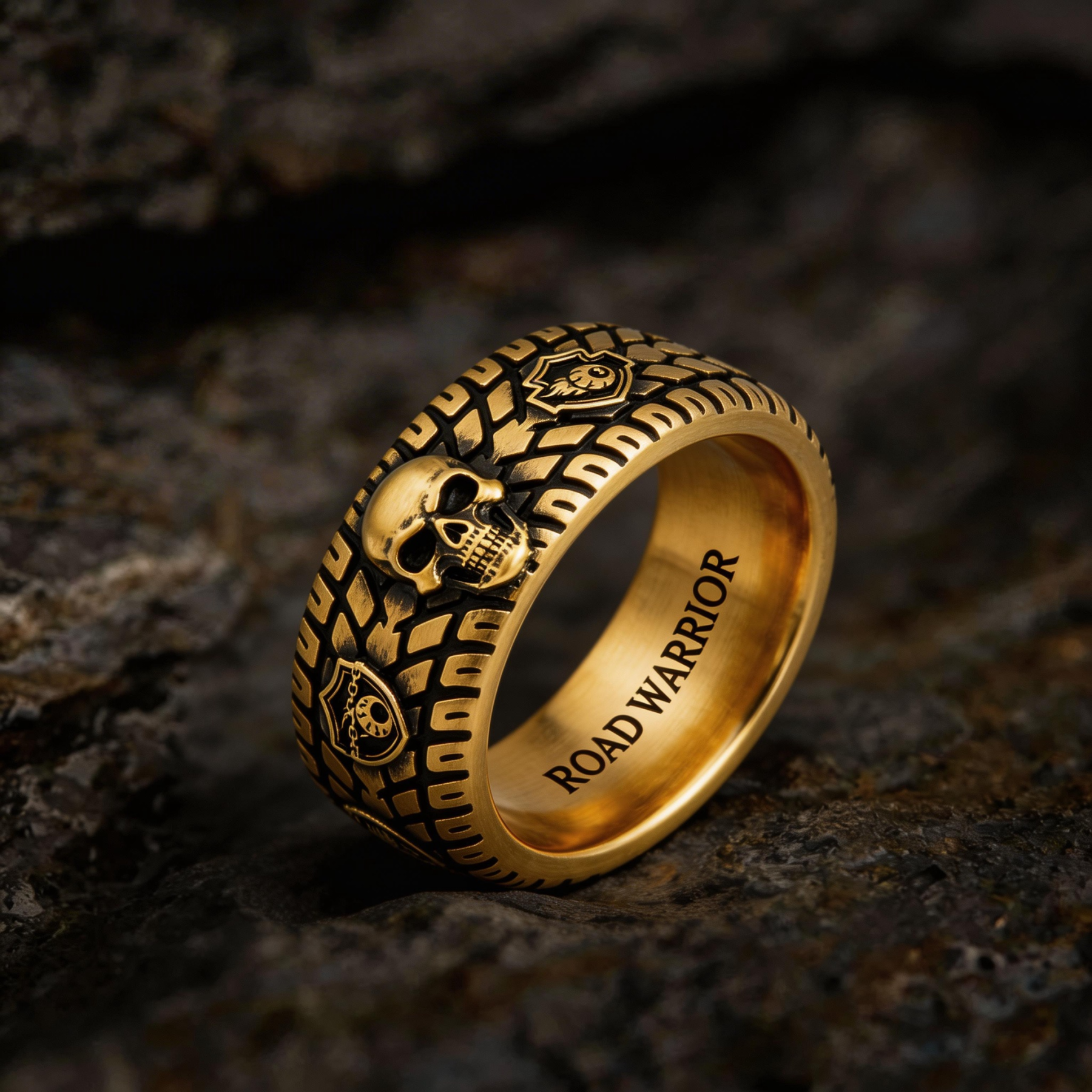 Vintage Harley-style rubber tire texture gold ring