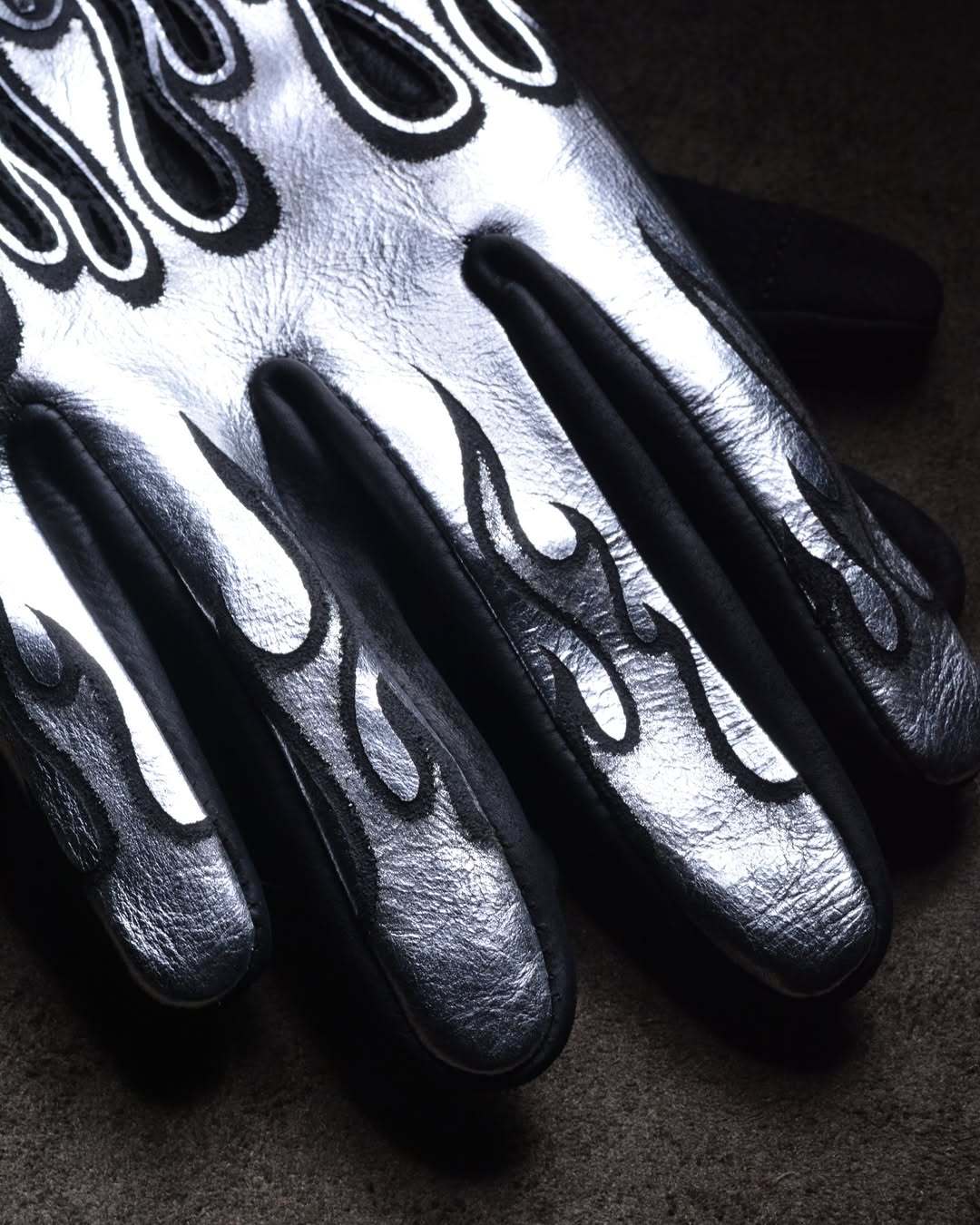 Futuristic Techwear Metallic Silver Flame Embroidered Cowhide Leather Gloves