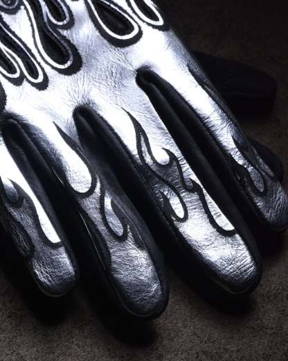 Futuristic Techwear Metallic Silver Flame Embroidered Cowhide Leather Gloves