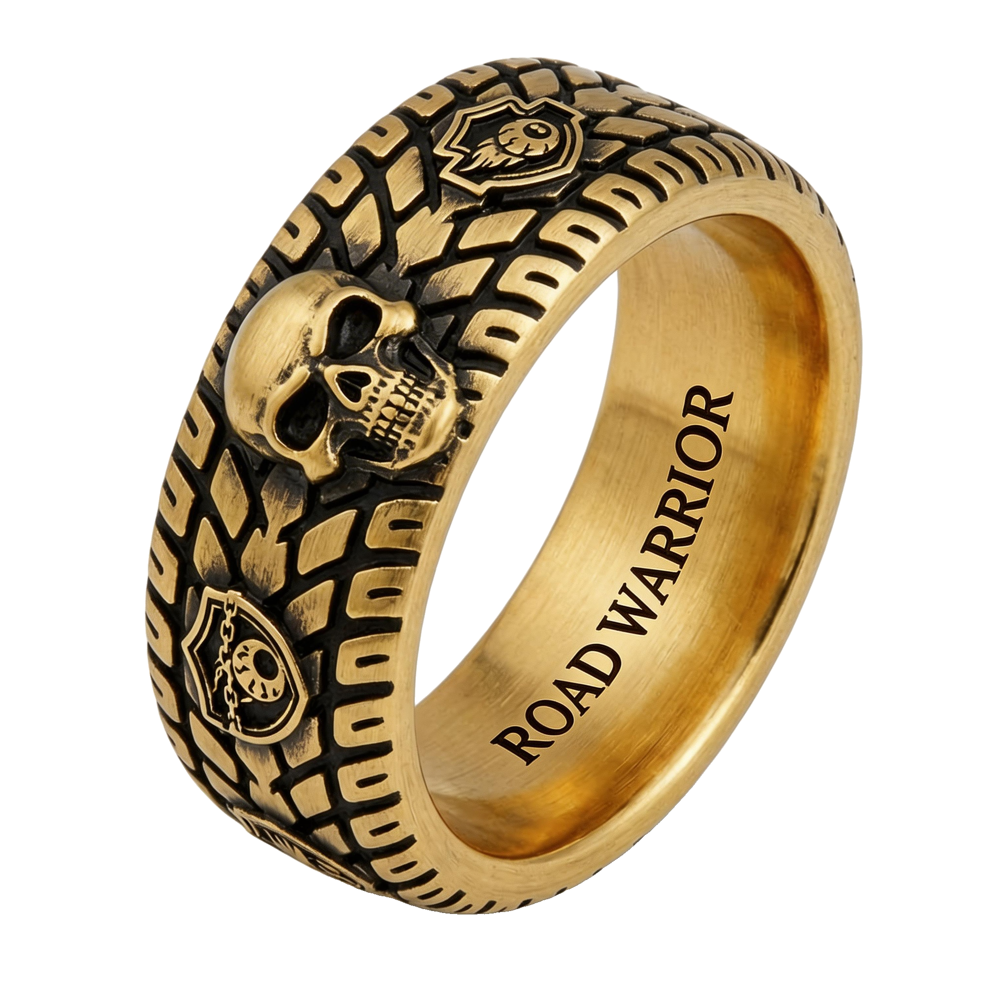 Vintage Harley-style rubber tire texture gold ring