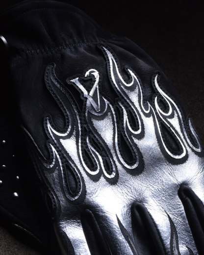 Futuristic Techwear Metallic Silver Flame Embroidered Cowhide Leather Gloves
