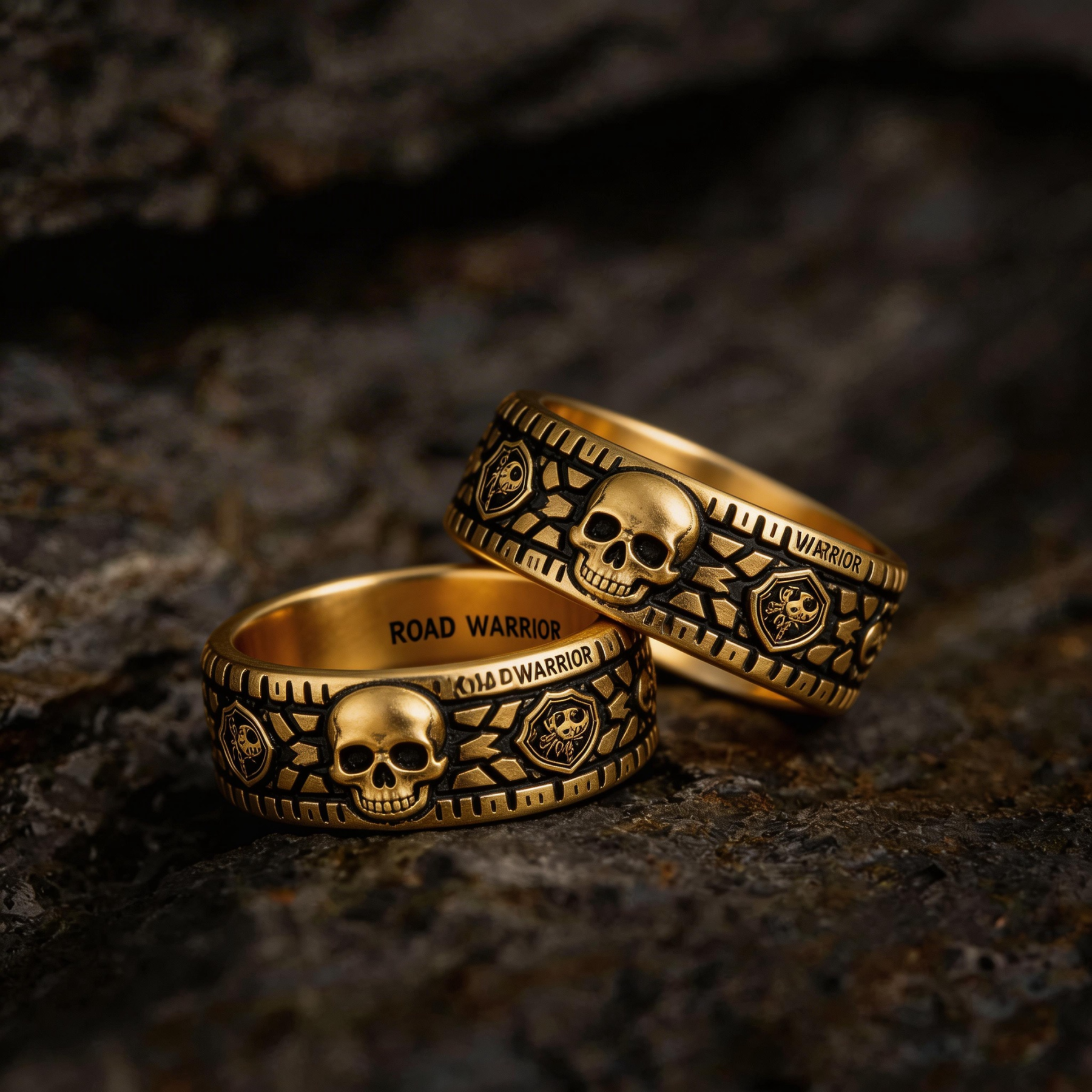 Vintage Harley-style rubber tire texture gold ring