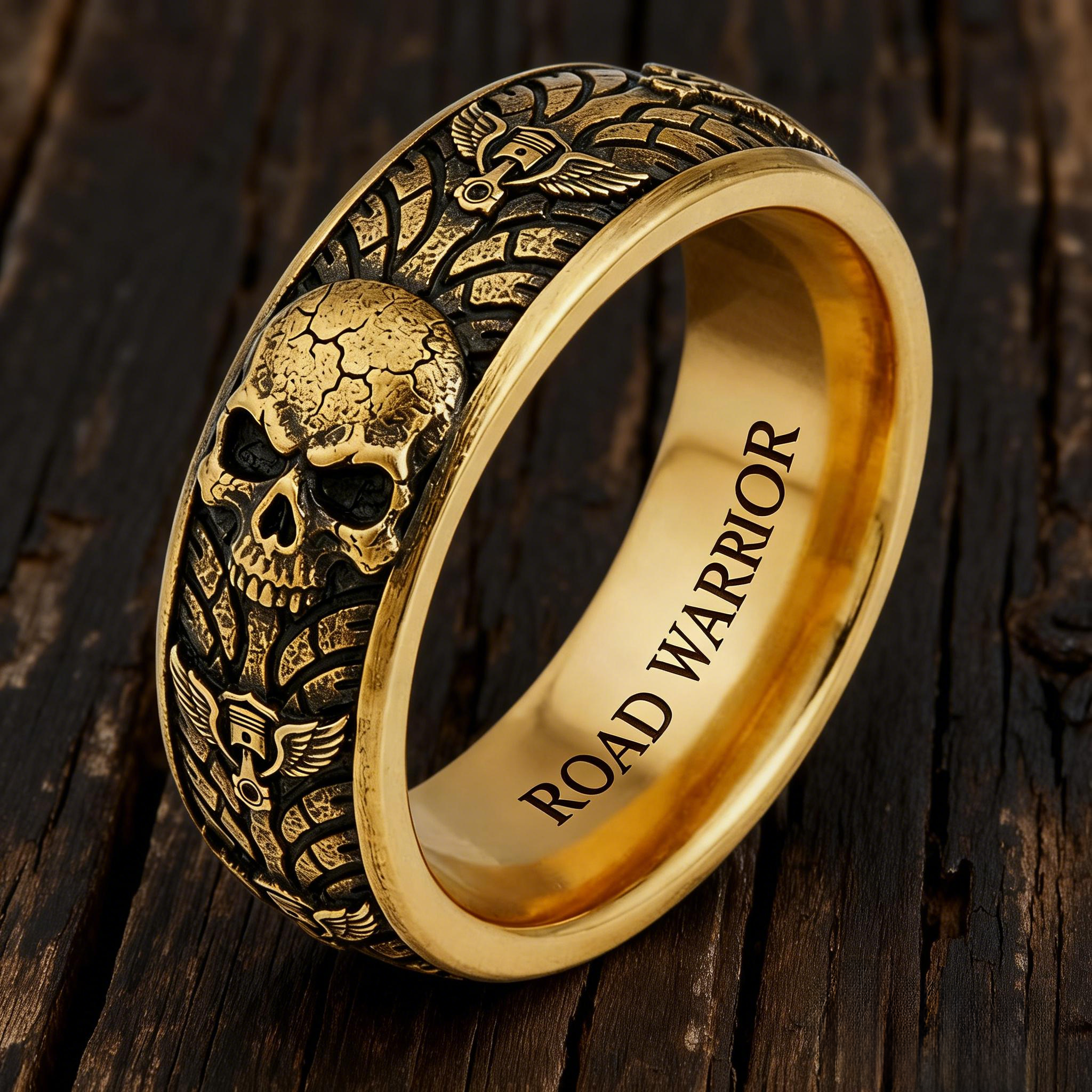 Vintage Harley-style rubber tire texture gold ring