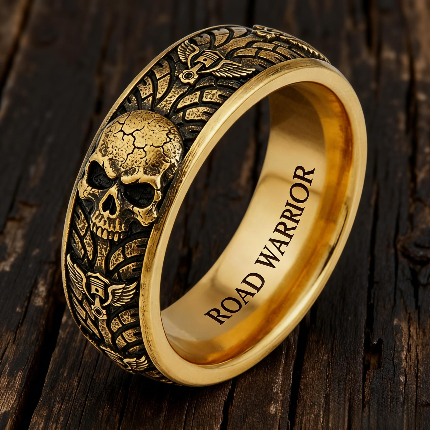 Vintage Harley-style rubber tire texture gold ring