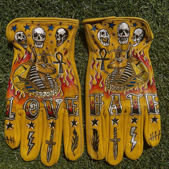 Street Graffiti Anubis and Skulls Hand-Painted Leather Work Gloves