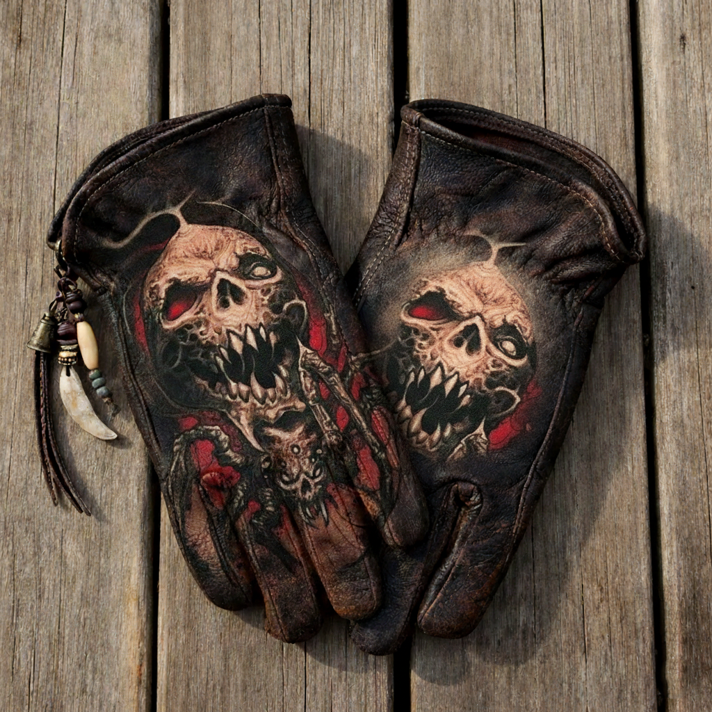 Print Vintage Leather Work Gloves.