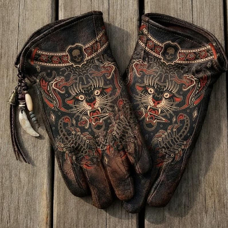 Print Vintage Leather Work Gloves.