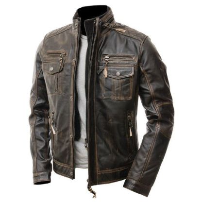 Men's Retro Motorcycle Washed Leather Stand-Up Collar Jacket