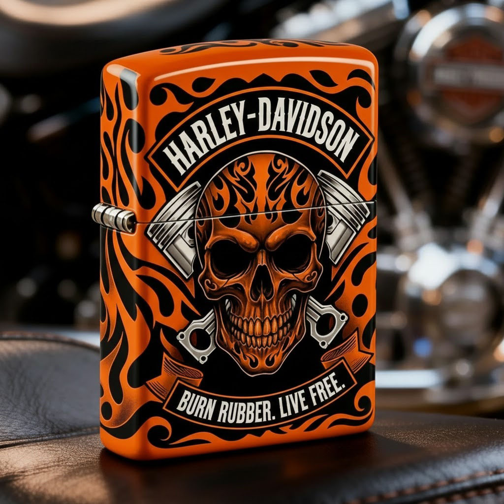 Biker Style Flaming Skull Artistic Windproof Refillable Metal Lighter