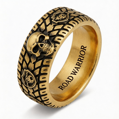 Vintage Harley-style rubber tire texture gold ring