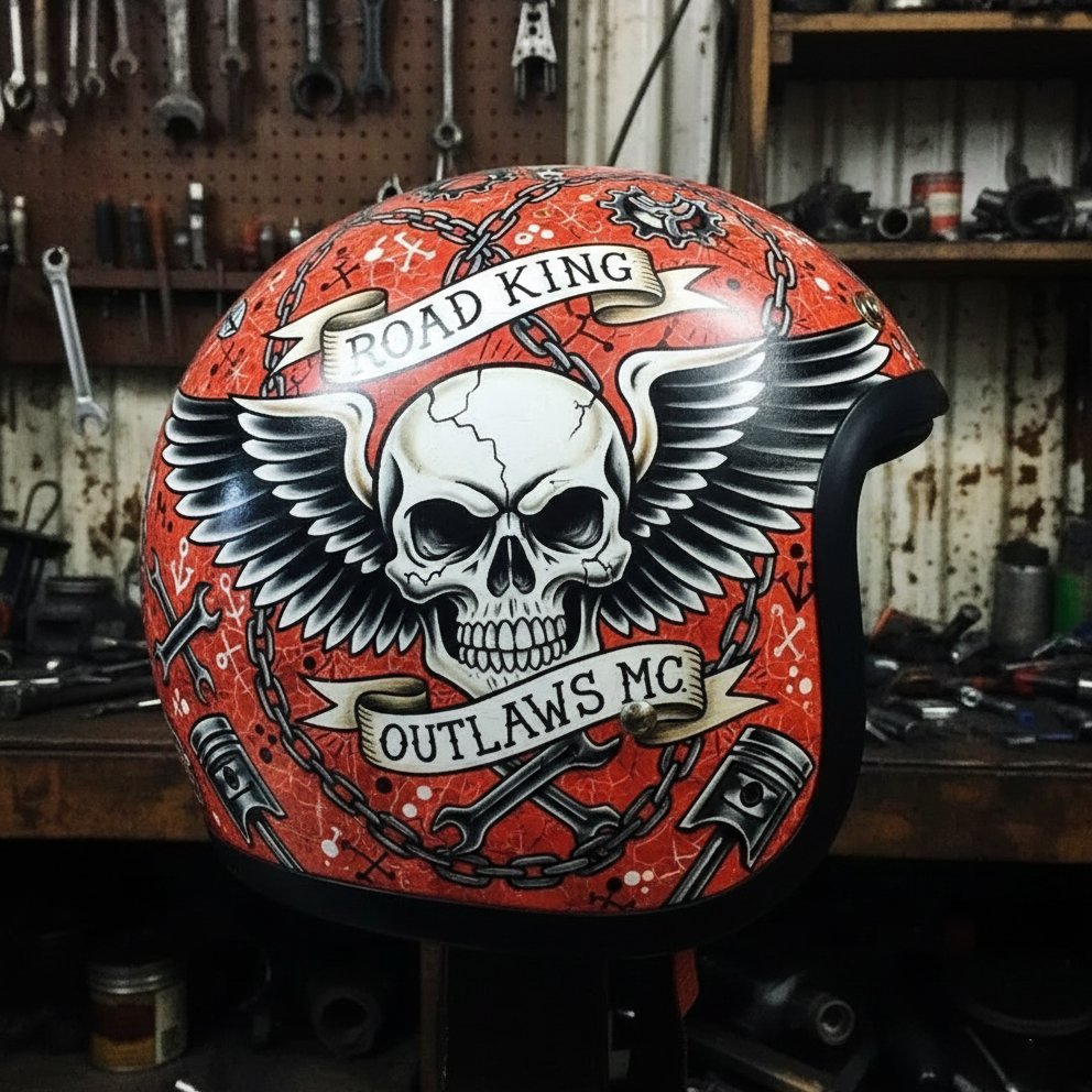 Hardcore Biker Style Flying Skull Graphic Red Open Face Helmet