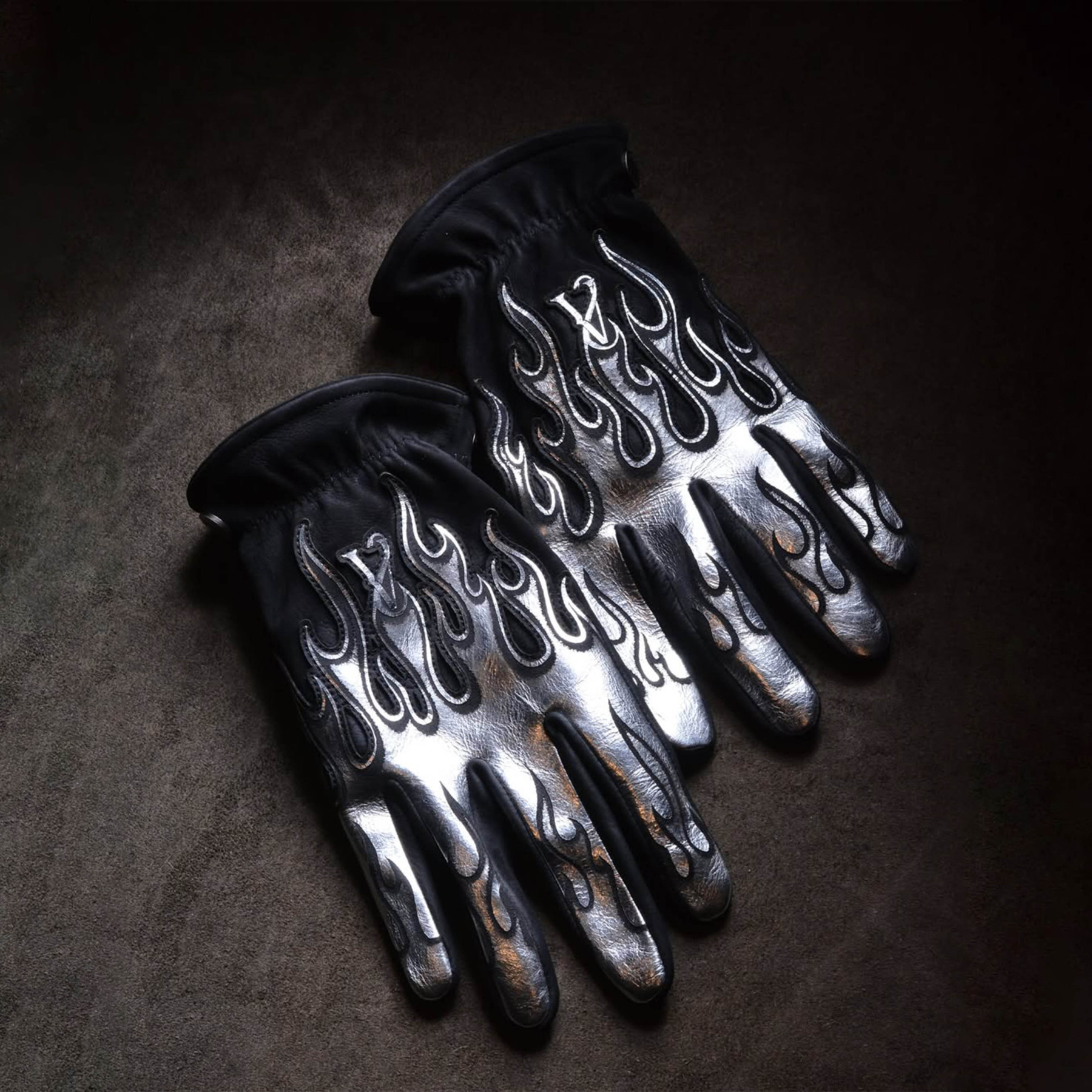 Futuristic Techwear Metallic Silver Flame Embroidered Cowhide Leather Gloves