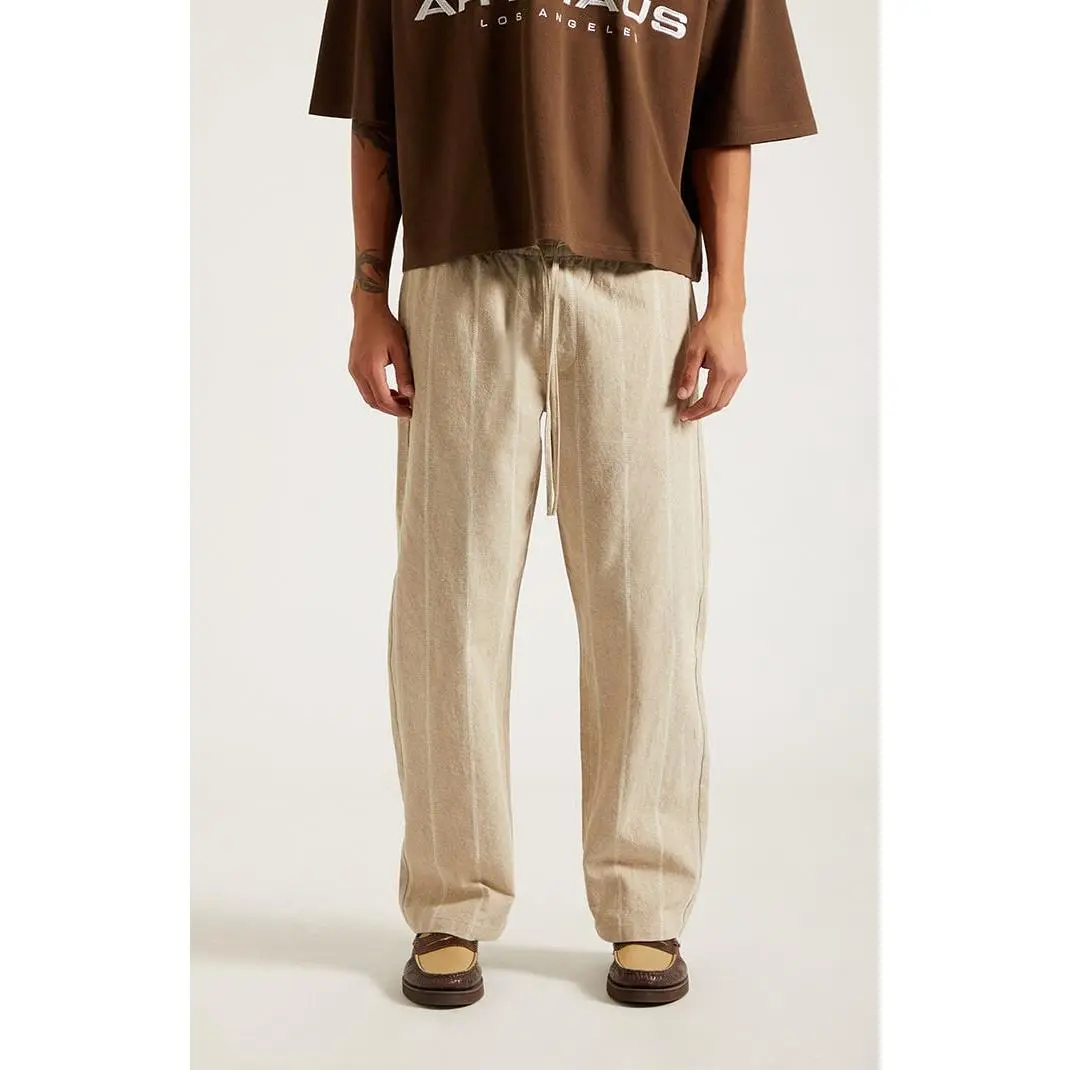 Pacsun Men's Cream Striped Straight Leg Linen Pants
