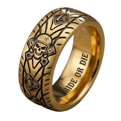 Vintage Harley-style rubber tire texture gold ring