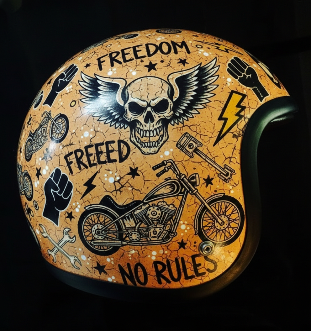 Vintage Rock Culture Distressed Graphics Open Face Motorcycle Helmet