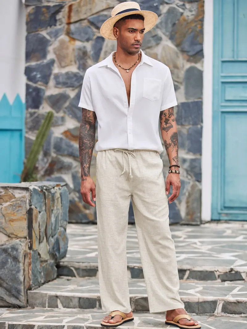 COOFANDY New York Fashion Week Linen Yoga Elastic Beach Vacation Pants Cotton Fabric Bottom Breathable Drawstring Light Loose Comfort Fit Adjustable Summer Trouser