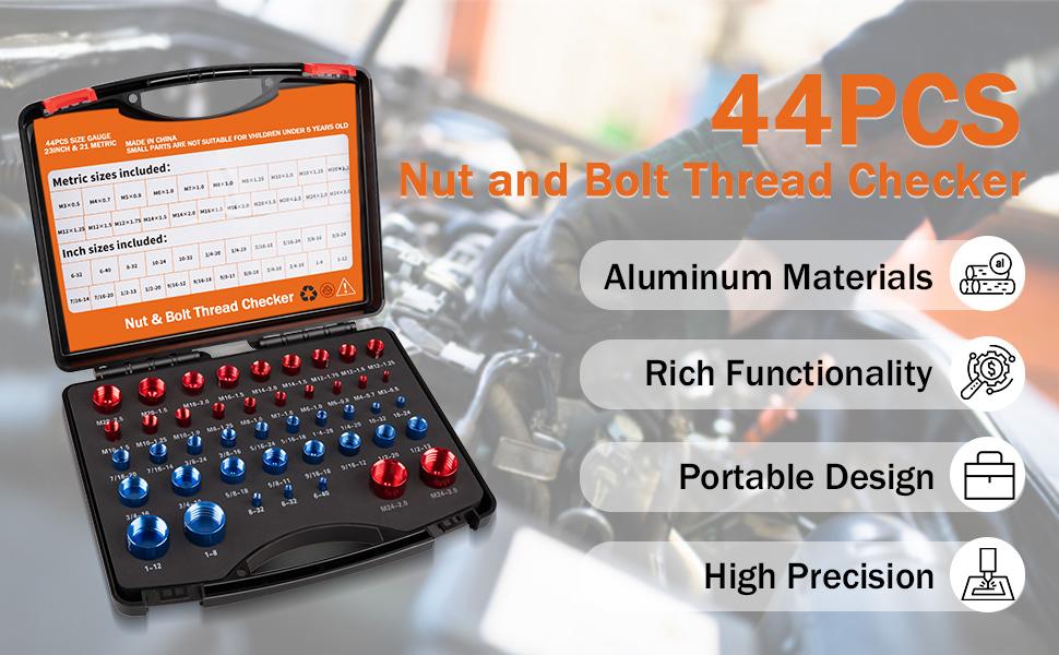 Snapfixmate 44PCS Nut and Bolt Thread Checker - Comprehensive Bolt Size and Thread Gauge Tool, Inch & Metric Sizes, with Handy Tool Box, Excellent for Home Garages and Car Repairs