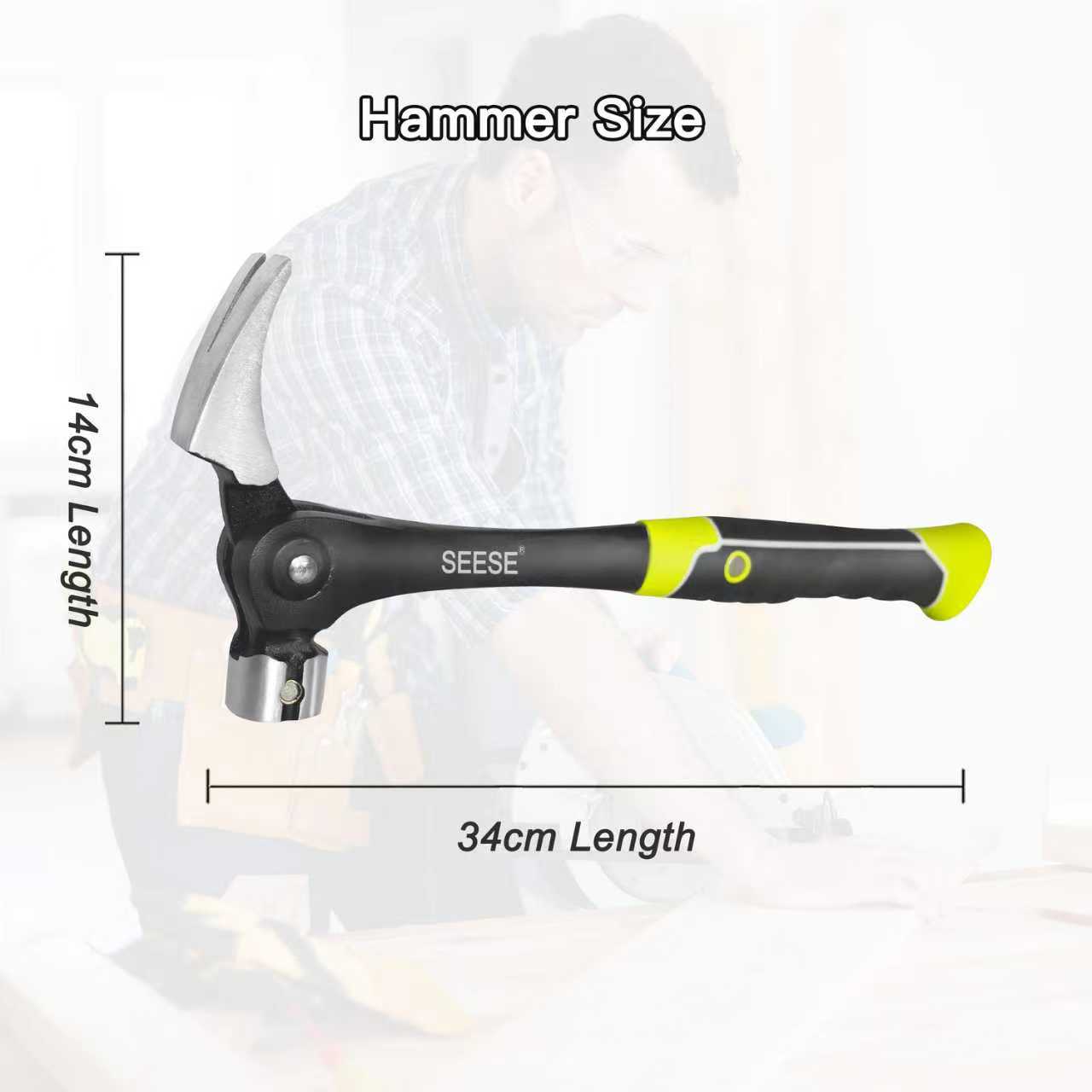 SEESE 16oz Claw Hammer with Magnetic Nail Starter,Indexing Rip Claw,Forged Steel Head,Shock-Absorbing TPR Grip,Heavy Duty Framing & DIY Tool