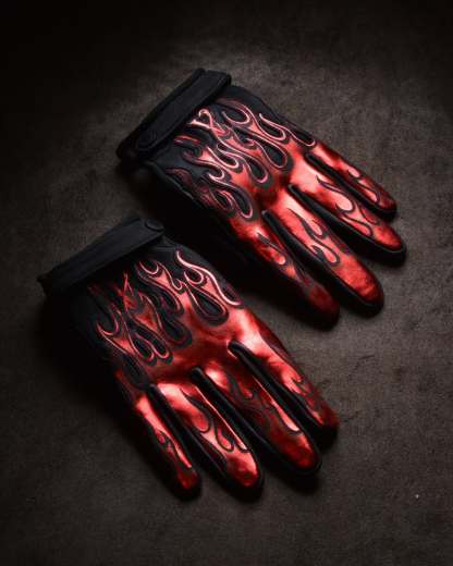 Cyberpunk Racing Metallic Red Flame Pattern Padded Leather Gloves