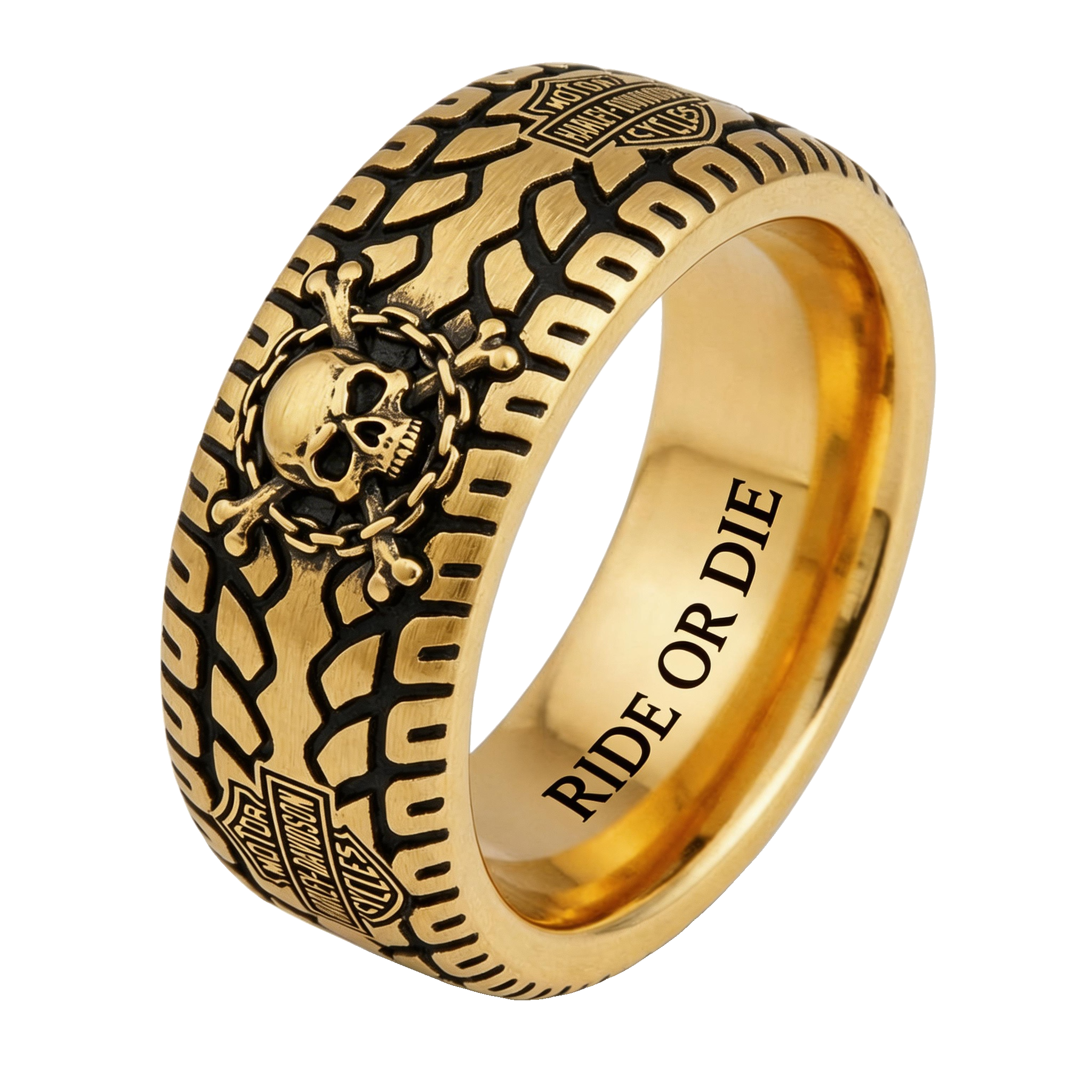 Vintage Harley-style rubber tire texture gold ring