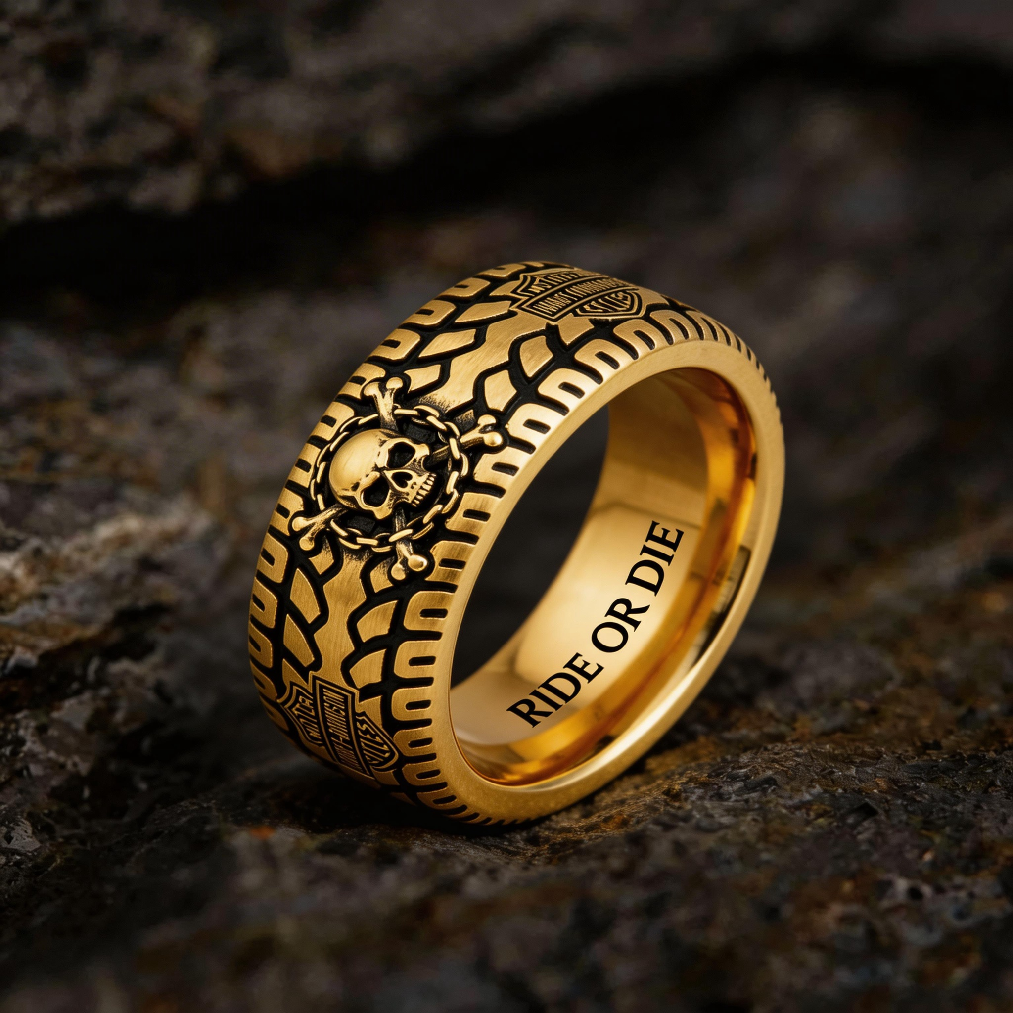 Vintage Harley-style rubber tire texture gold ring