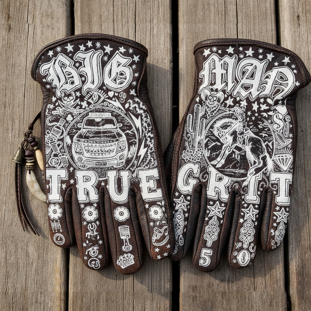Print Vintage Leather Work Gloves.