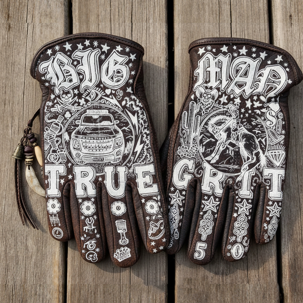 Print Vintage Leather Work Gloves.