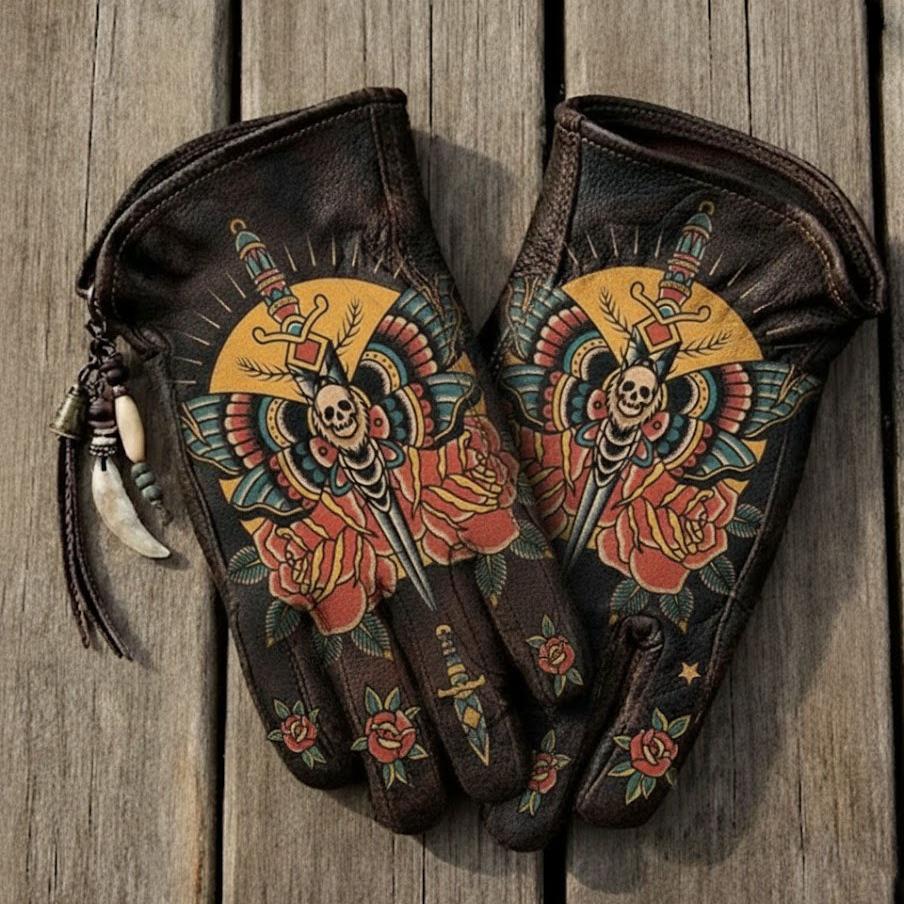 Print Vintage Leather Work Gloves.