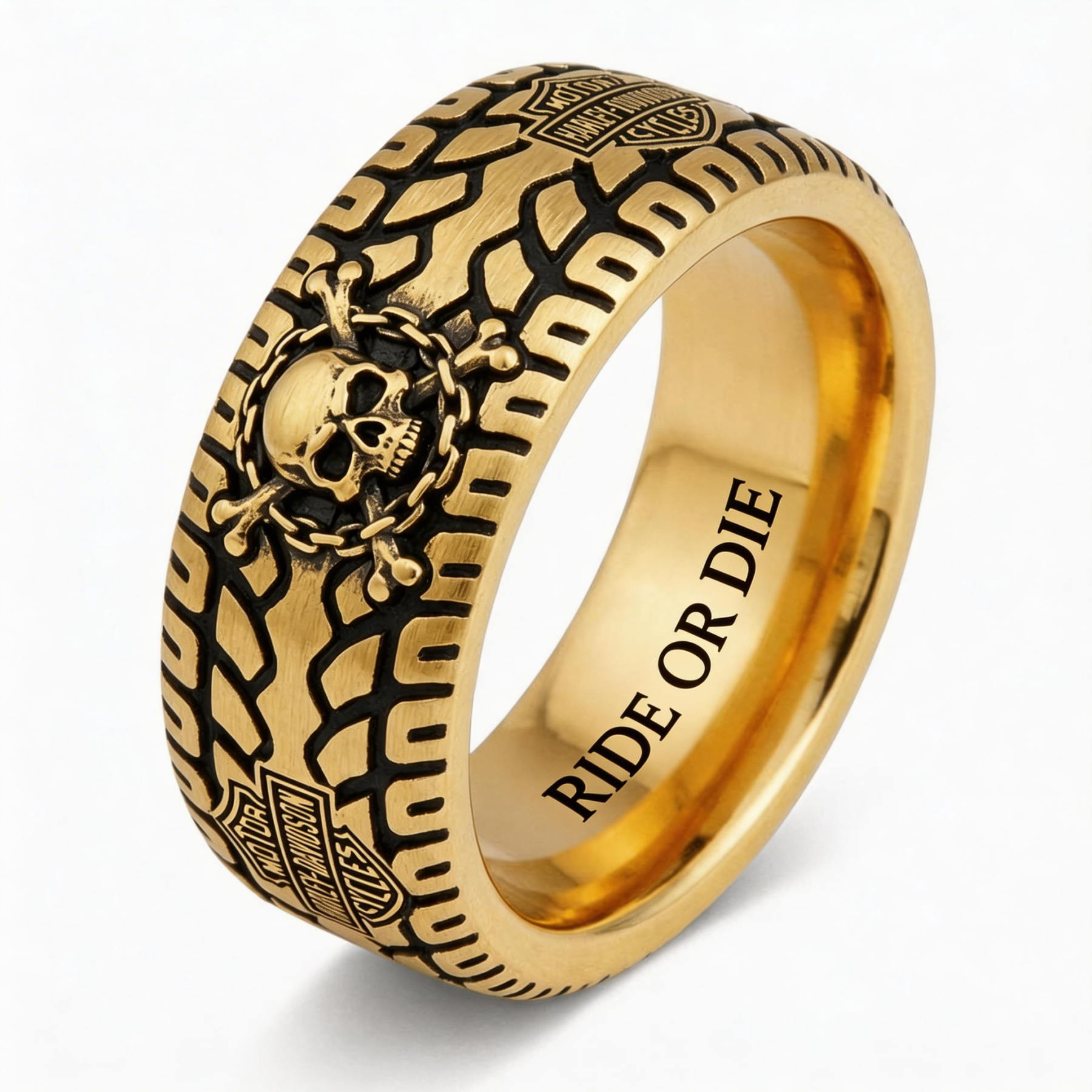 Vintage Harley-style rubber tire texture gold ring