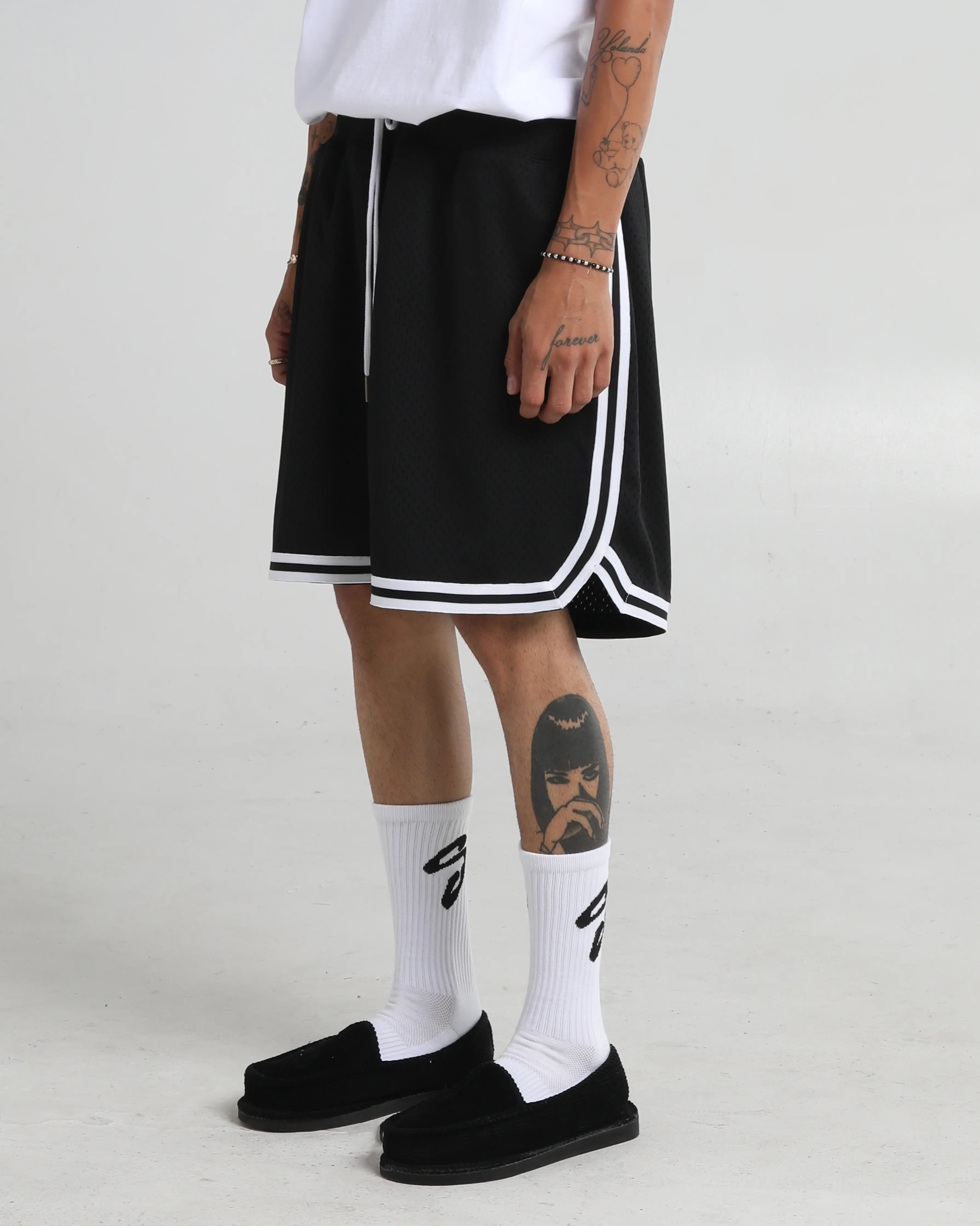 SHAKA WEAR Retro Basketball Shorts - Black & White Tonal Ribbing, 3 Pockets, Wide Leg Opening, True to Size Fit