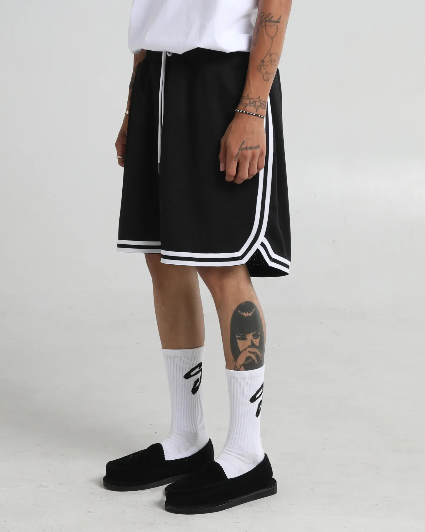 SHAKA WEAR Retro Basketball Shorts - Black & White Tonal Ribbing, 3 Pockets, Wide Leg Opening, True to Size Fit