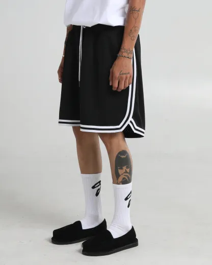 SHAKA WEAR Retro Basketball Shorts - Black & White Tonal Ribbing, 3 Pockets, Wide Leg Opening, True to Size Fit