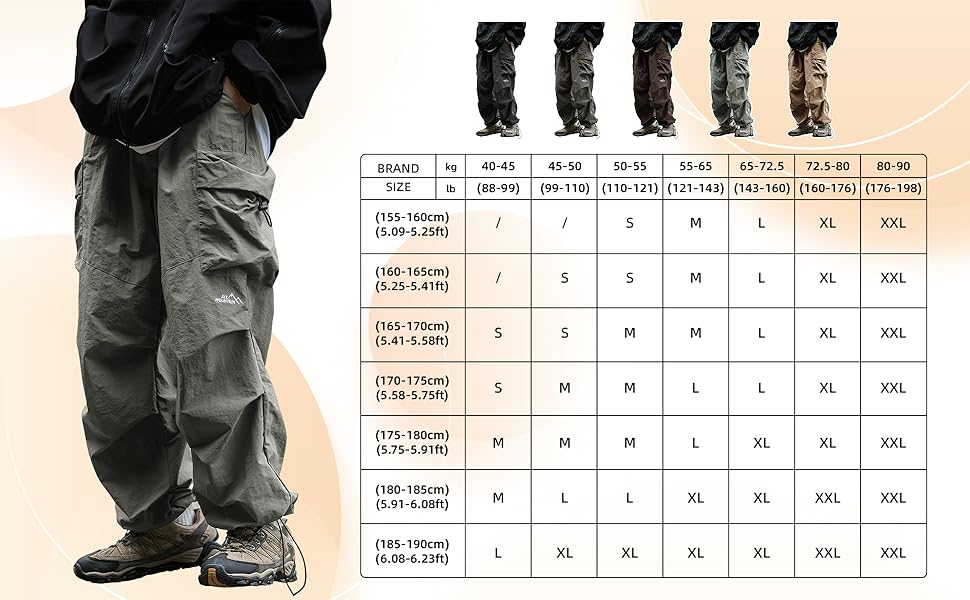 Men's Stylish Baggy Cargo Trousers, Menswear Clothes, Hip-Hop Parachute-Style Loose Fit, Lightweight Water-Resistant with Pockets