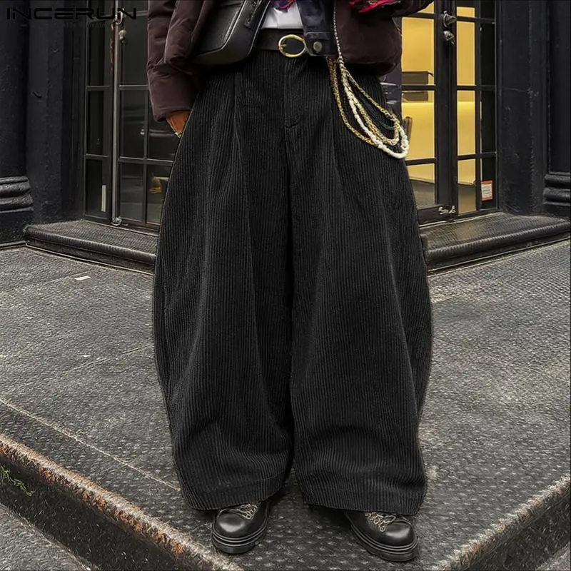 [Order One Size Up] INCERUN Menswear 2026 Spring/Summer Fashion Vintage Corduroy Wide-Leg Pants ,Lightweight Loose-Fitting Baggy Streetwear Trousers, Comfortable, Daily Wear