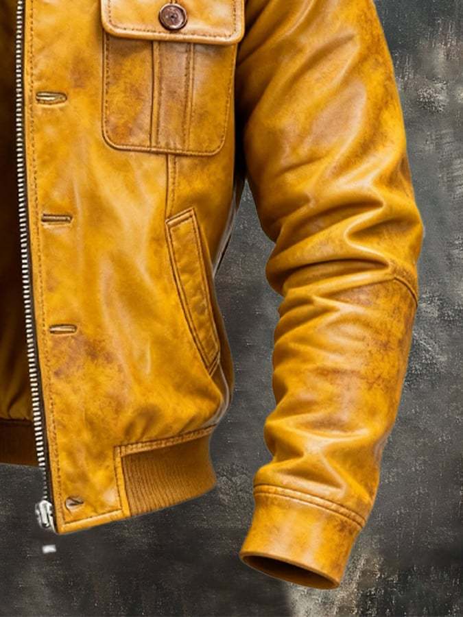 Men's Retro Wax Yellow Leather Multi-Pocket Outdoor Jacket