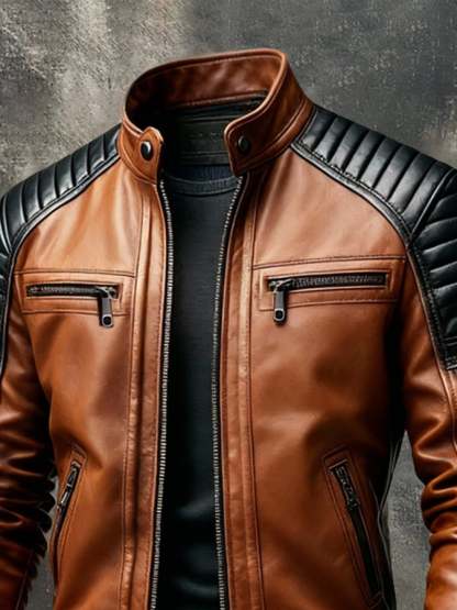 Men'S Vintage Motorcycle Leather Outdoor Jacket Coat